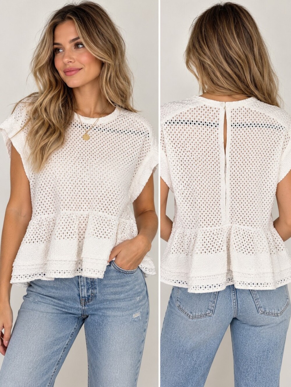 IRO Glen White Eyelet Lace Peplum Blouse Top Size 38